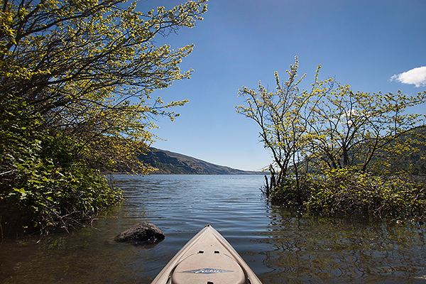 Kayak fishing on the Columbia River at a remote launch site