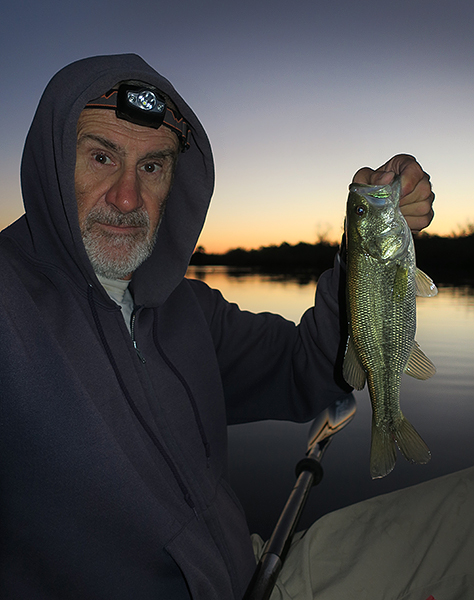 Largemouth bass caught on the Colorado River just before dawn by watermanatwork.com kayak fisherman Ron Barbish