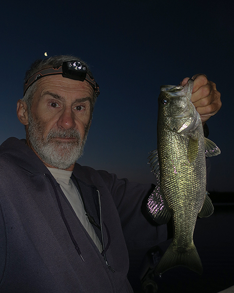 Largemouth bass caught before sunrise on the Colorado River by watermanatwork.com kayak fisherman Ron Barbish