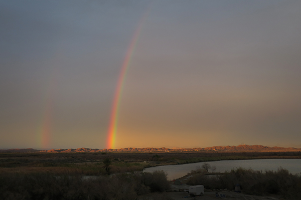 A rare double rainbow in the Sonoran Desert just east of the Colorado River