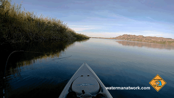 Kayak fishing for largemouth bass on the Colorado River with watermanatwork.com