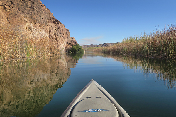 Kayak fishing at Squaw Lake near the lower Colorado River