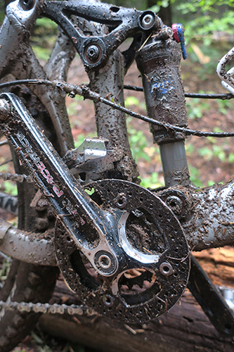 Muddy mountain bike after a rainy morning of riding in the Cascade Mountains